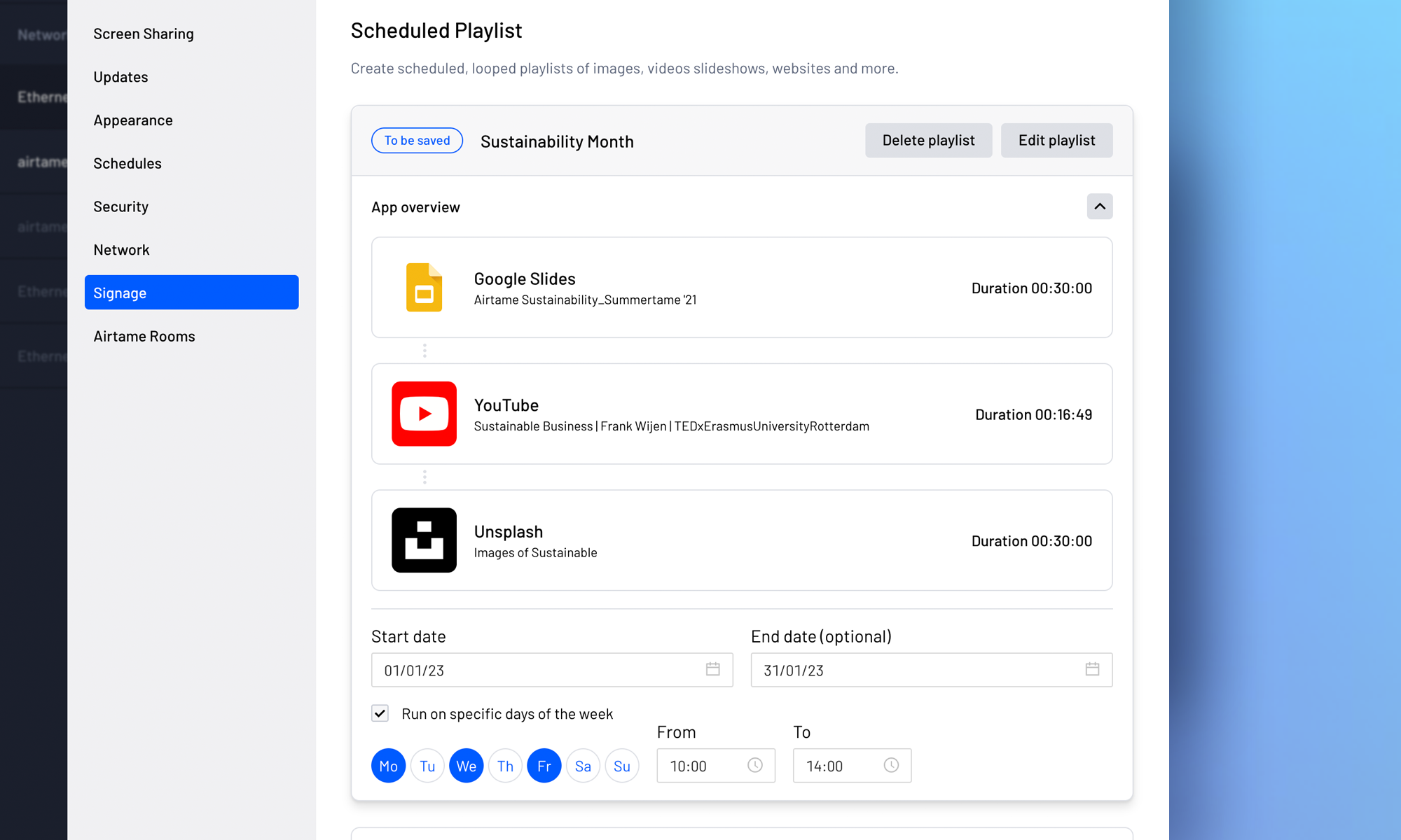 Screenshot of a feature that allows users to create and schedule playlists.